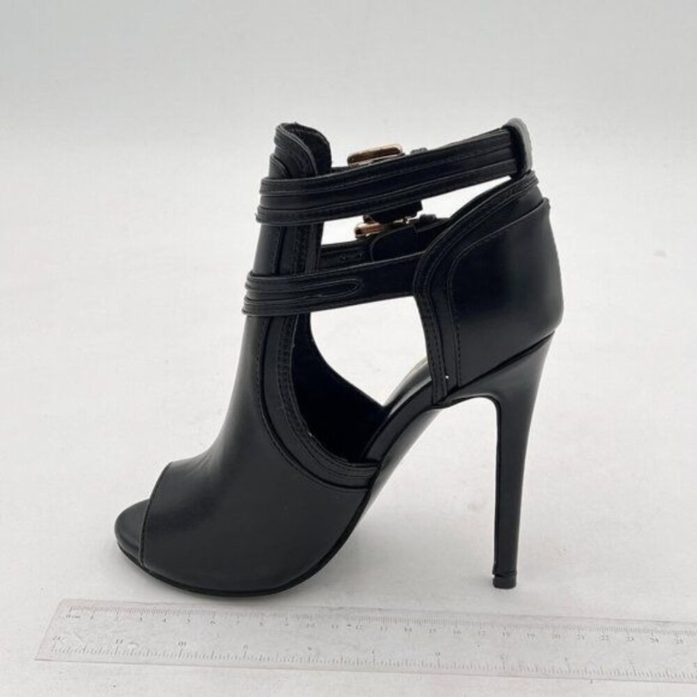 XYD Black Women Peep Toe Ankle Bootie High Heels Buckled Double Straps Cutout